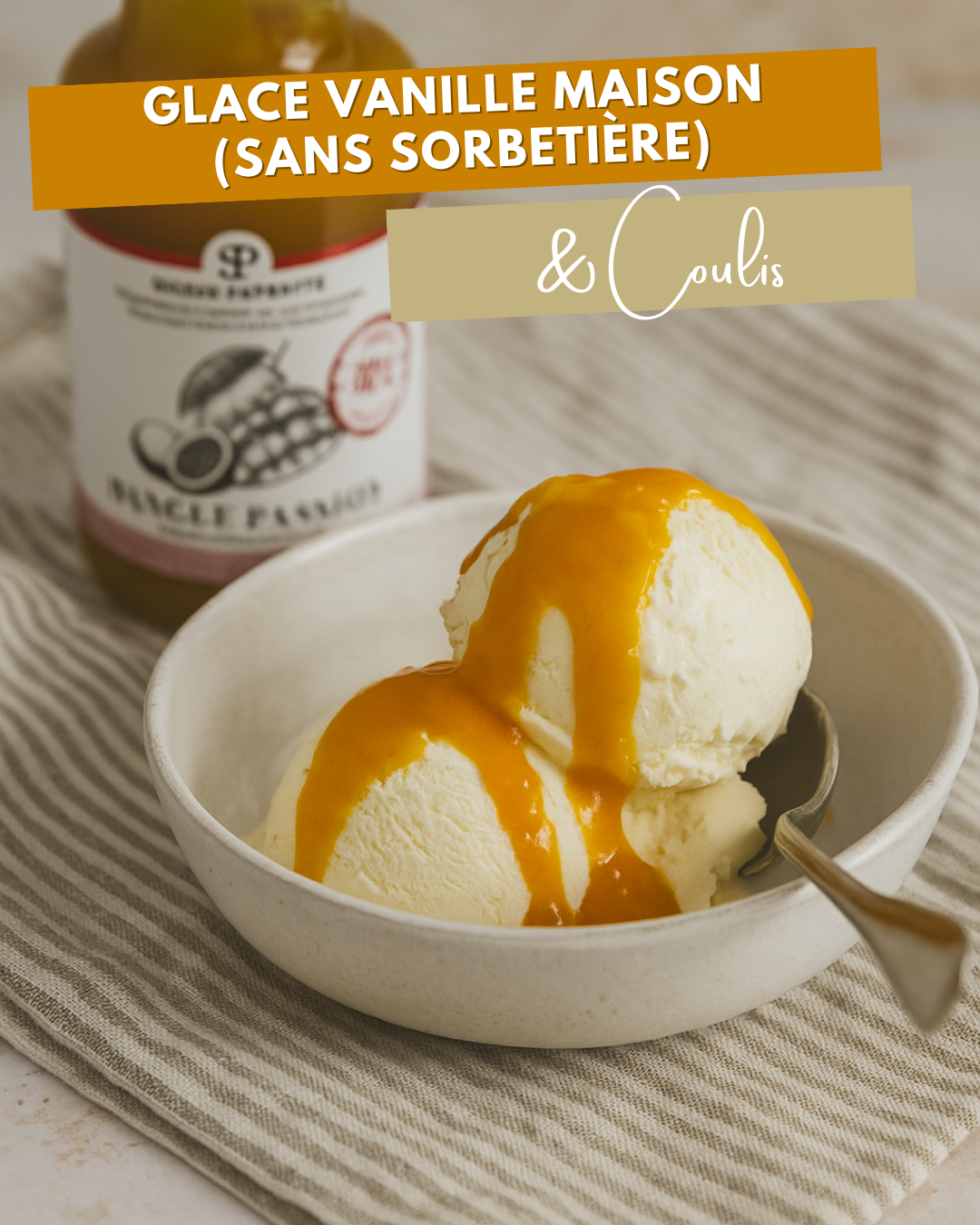 Homemade vanilla ice cream (without ice cream maker) and coulis