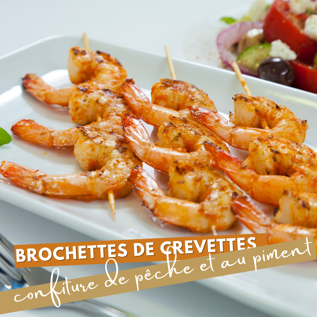 Shrimp skewers with peach and chilli jam