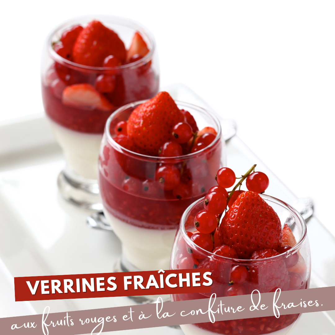 Fresh verrines with red berries and strawberry jam.